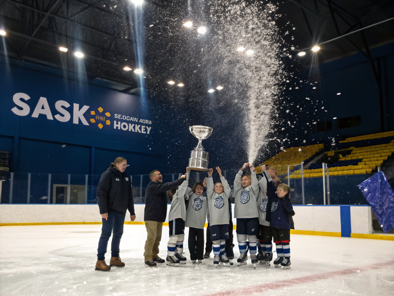 Équipe de dek hockey DEK LE PRESTIGE célébrant une victoire